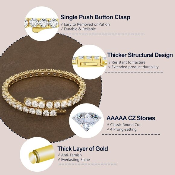 KRKC&CO 14k Gold Tennis Bracelet for Women, 3mm, Iced Out Cubic Zirconia, 7in - Picture 5 of 7